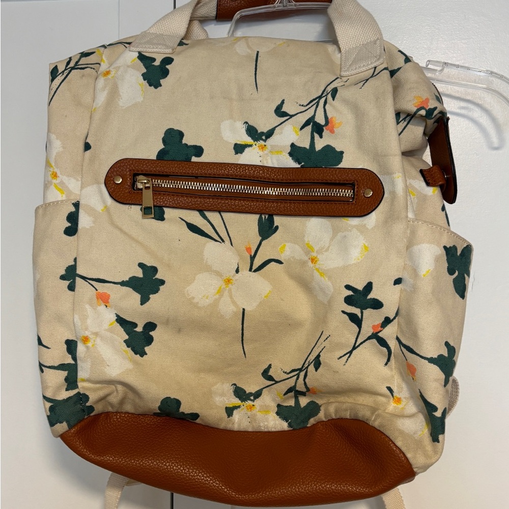 A New Day Floral Canvas Backpack with Tan Accents
